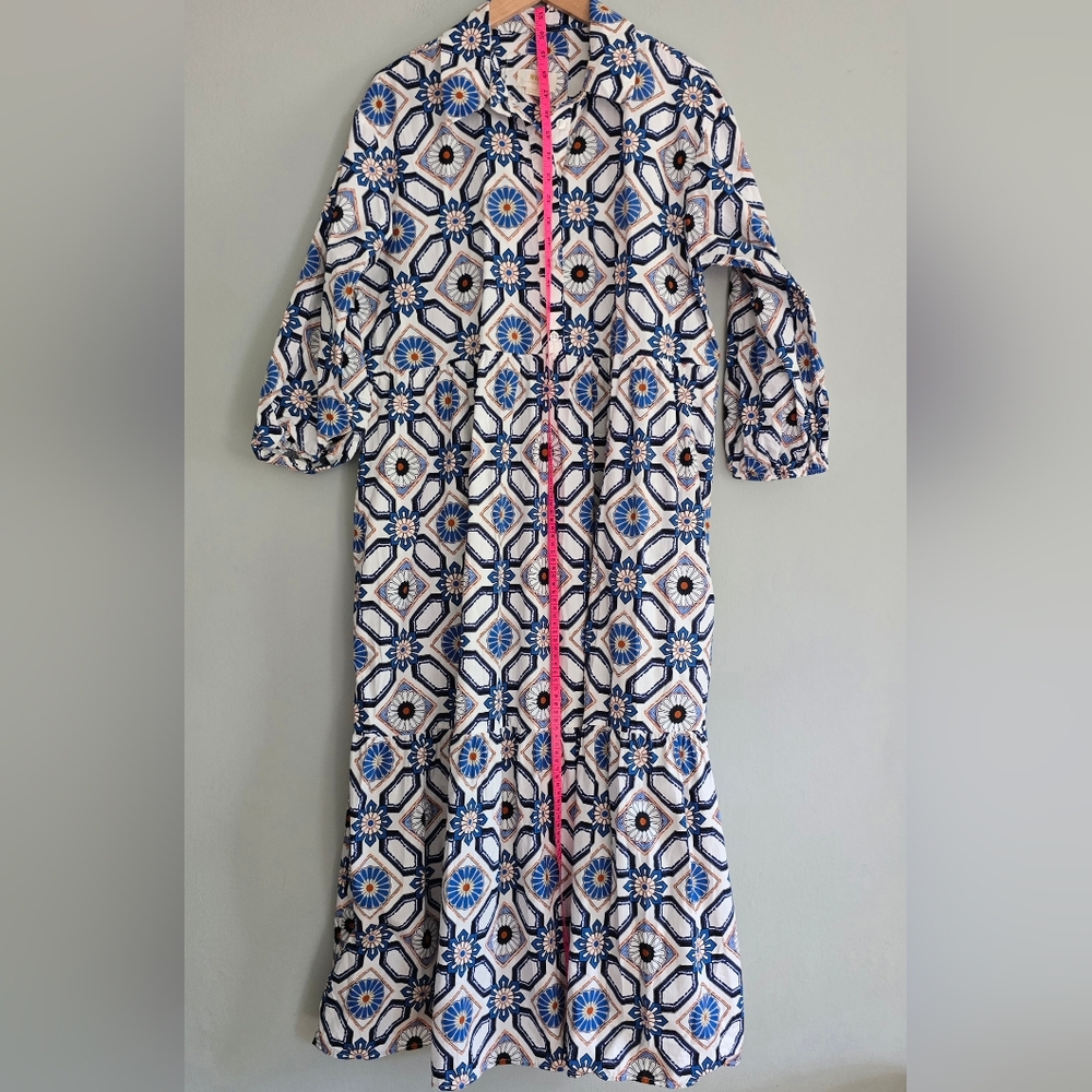 Anthropologie Maeve The Bettina in Sapphire White Tile Tiered Shirt Dress, Large - Picture 11 of 13